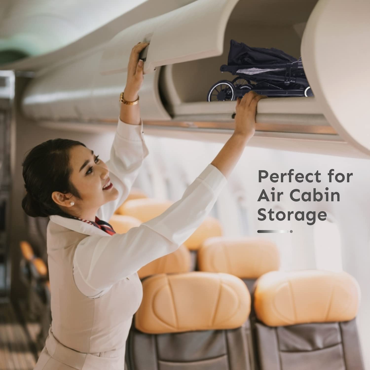 Airline attendant placing an item in an overhead compartment with text 'Perfect for Air Cabin Storage'.